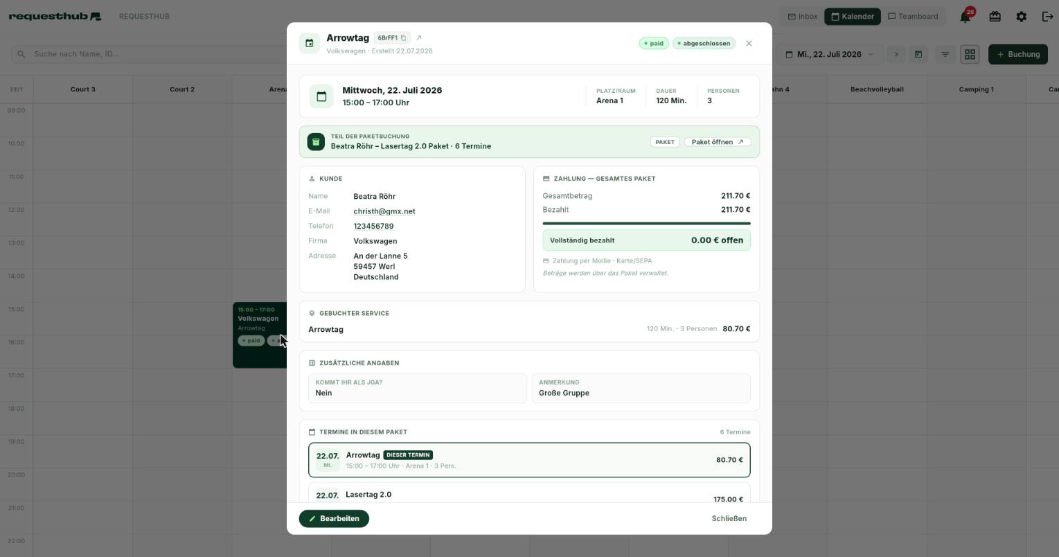 Detail-Dialog eines Paket-Termins