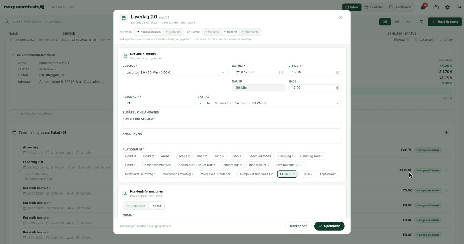 Die Status-Pill-Reihen im Editor-Kopf — (1) Anfragestatus, (2) Zahlstatus