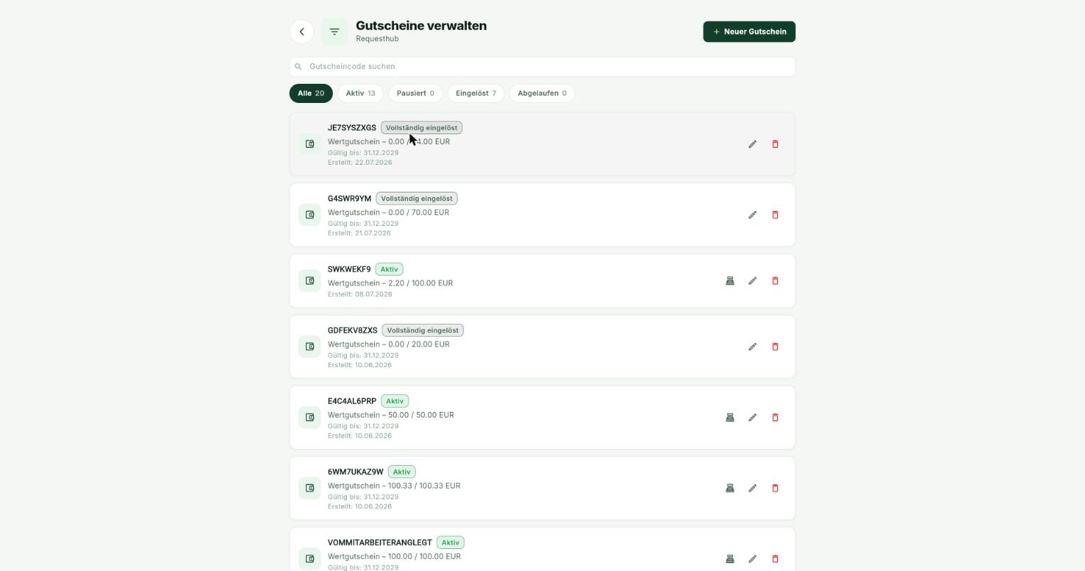 Gutschein-Liste mit Status-Filtern