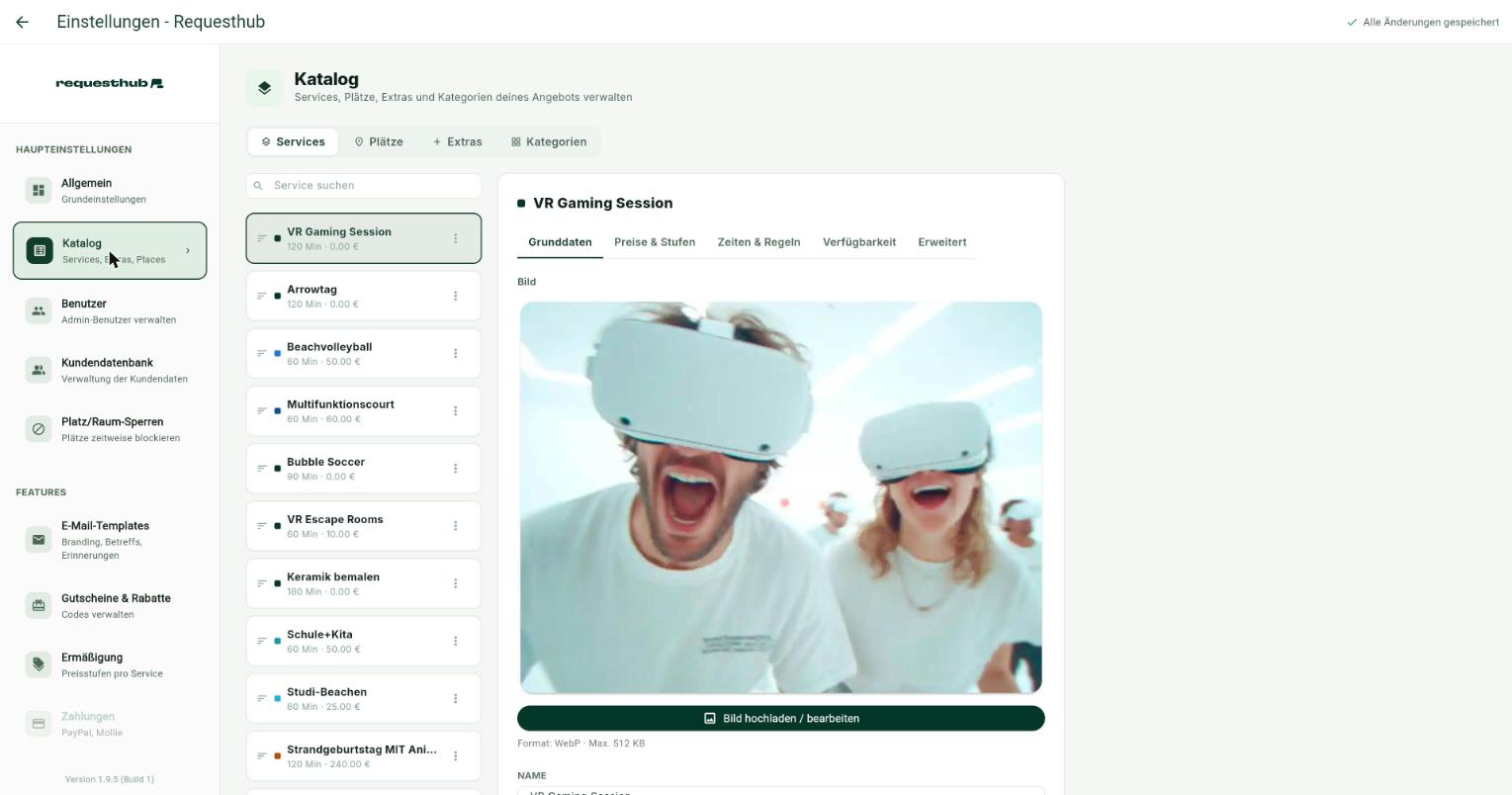 Der Katalog mit den vier Tabs, hier: Services